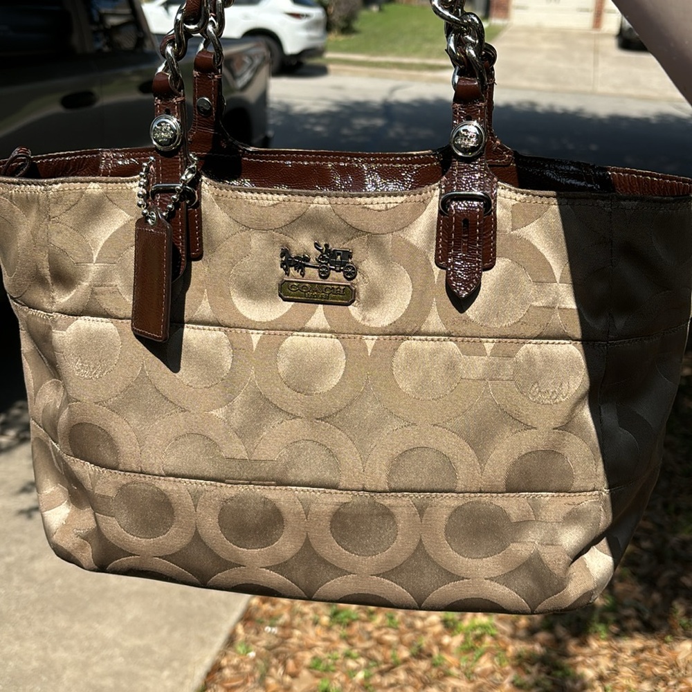 Coach Canvas Leather Tote Madison Tribeca Op Art Small Gold Tan Brown Pink Satin - Picture 3 of 15